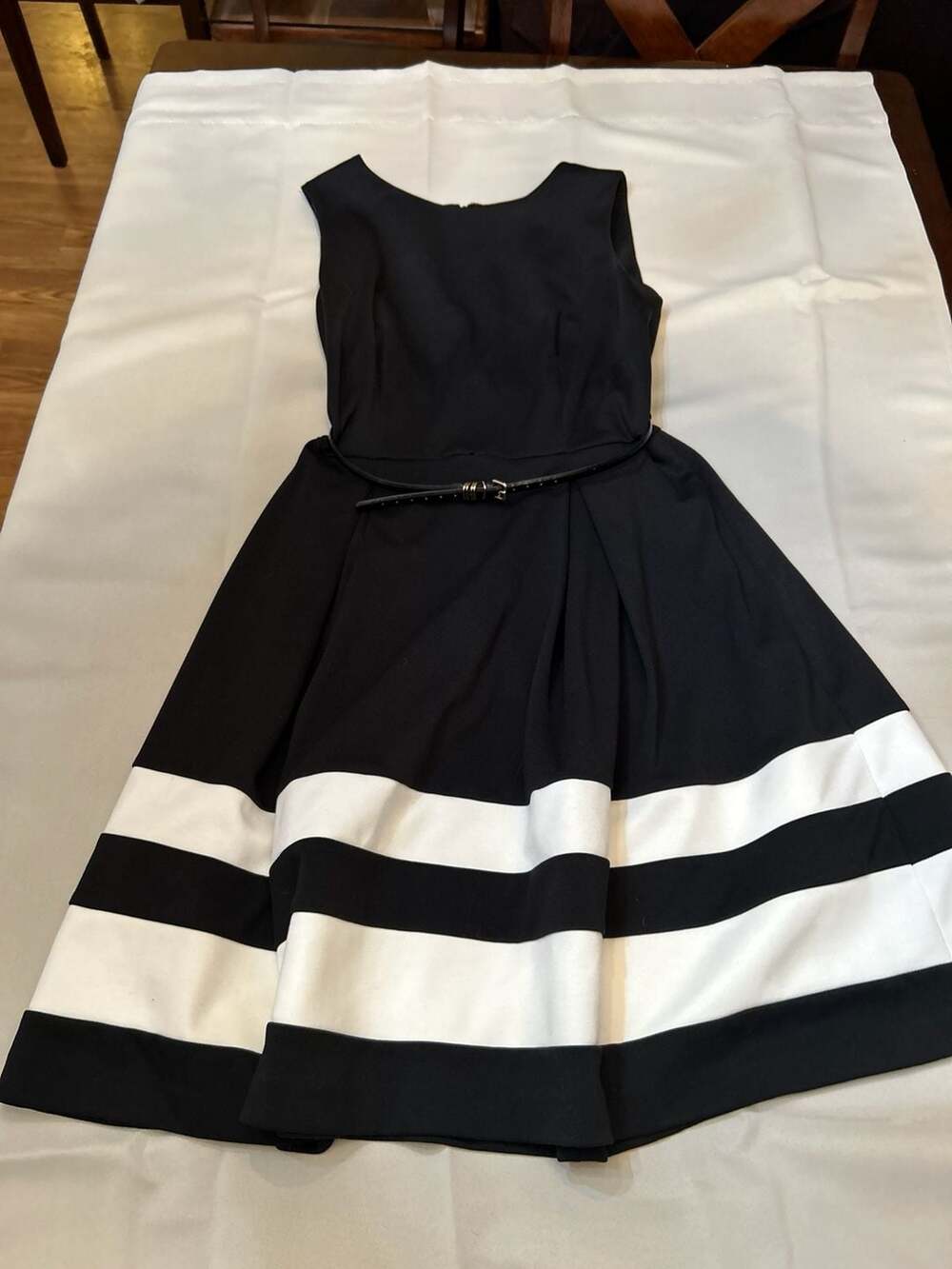 Calvin Klein Black and White Striped Sleeveless Belted Fit & Flare Dress
